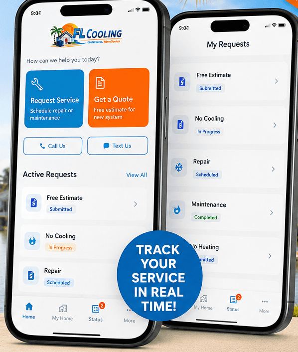 The FL Cooling app on two phones: request service, get a quote, and track your requests in real time